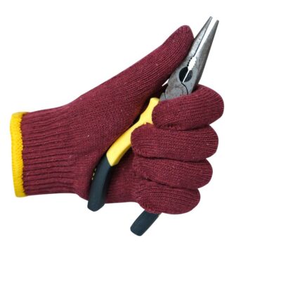 Dark red protective work cotton gloves for construction safety