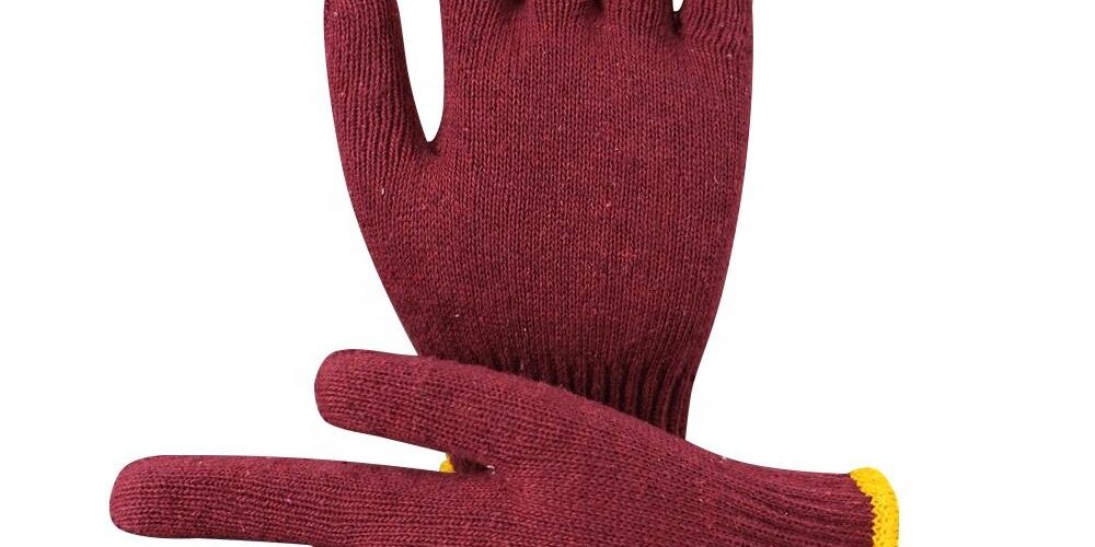 Dark red protective work cotton gloves for construction safety