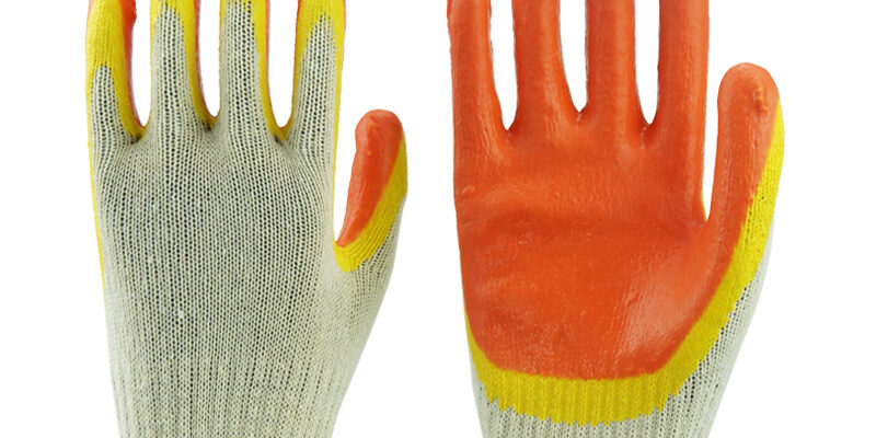 Orange double latex coated cotton gloves for safety work